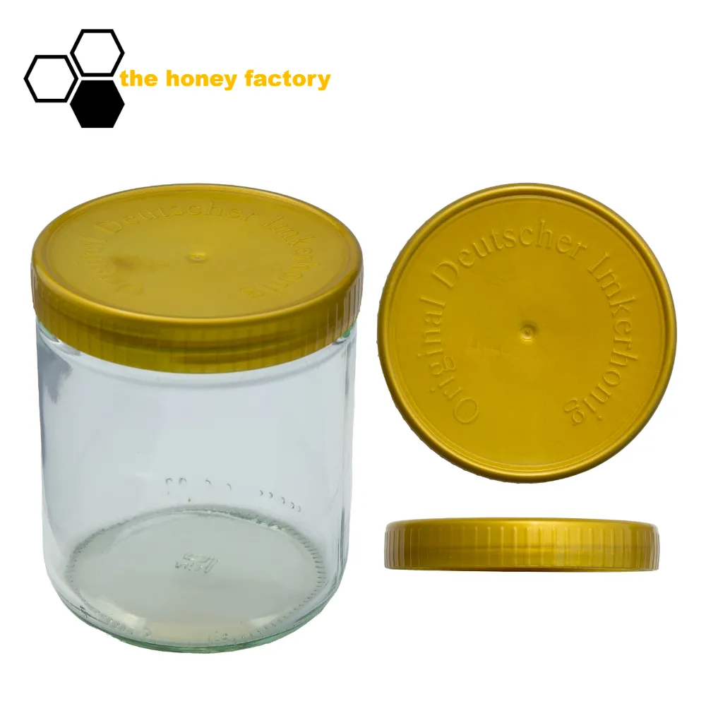 Neutrales Honigglas 500g mit Kunststoffdeckel “DEUTSCHER IMKERHONIG” im 12er Karton