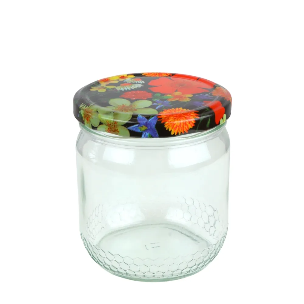 Twist-Off Glas CURVY Wabenmotiv 500g mit Metalldeckel BLÜMCHEN im 12er Karton – Bild 2