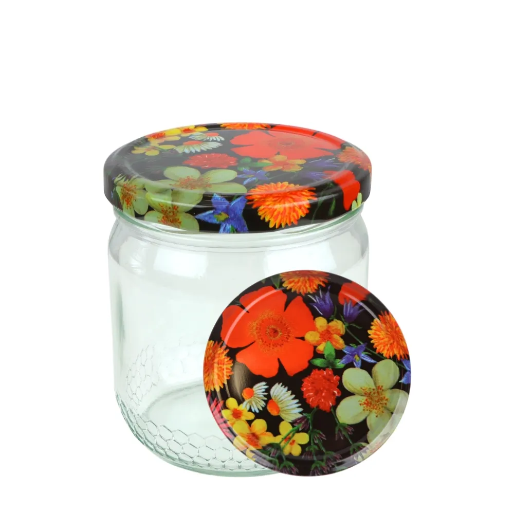 Twist-Off Glas CURVY Wabenmotiv 500g mit Metalldeckel BLÜMCHEN im 12er Karton